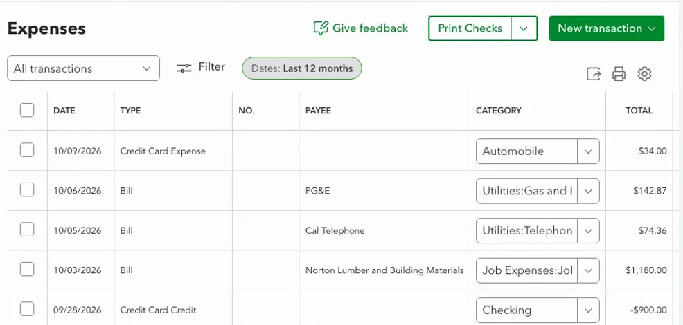 QuickBooks Online expenses list with bills entered and categorized, test company